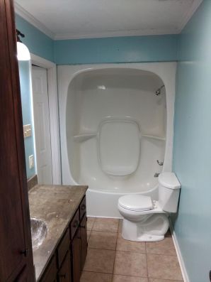 Before & After Bathroom Remodel in Wetumpka, AL (Charlie Jr. & Mike)
Structural Damage that we had to Repair & Replace Floor Joist, Sub- Floor, Studs in the Wall, Ceiling Sheet Rock and Framing it was a Mess before doing the Remodel Stage. The Remodel was Everything, New Shower , New Flooring, New Vanity, Painting, All New Plumbing, New Lighting (1)