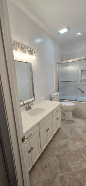Bathroom Remodel in Montgomery, AL  (Charlie Jr. & Mike)
Full Remodel of a Guest Bathroom, New Tub, New Walls, Painting, New Vanity, New Lighting, New Vent Light Combo, and New Flooring for the Schechinger Family. (4)