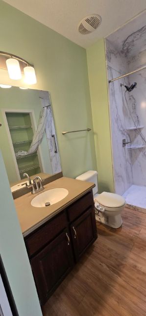 Full Bathroom Remodel in Plantersville, AL (Charlie Jr, Mike, and Landon)
New Tub to Shower, New Closet Area, New Flooring, New Lighting, Painting, and a Barn Door for the Entry Door. (4)