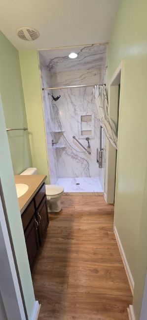 Full Bathroom Remodel in Plantersville, AL (Charlie Jr, Mike, and Landon)
New Tub to Shower, New Closet Area, New Flooring, New Lighting, Painting, and a Barn Door for the Entry Door. (3)