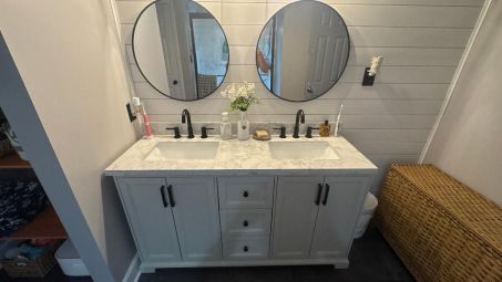 Bathroom Remodeling in Prattville, AL

Full Remodel for the Matarrese Family in Prattville , Alabama by Charlie Jr and Mike . Full Paint Job,Garden Tub to Shower Conversion, New Vanity, Removal of the Old Shower Converted to a Storage area, Enclosing the Toilet area with a Doorway and  Installing New Tile Flooring from the Old White to Mist Black (6)